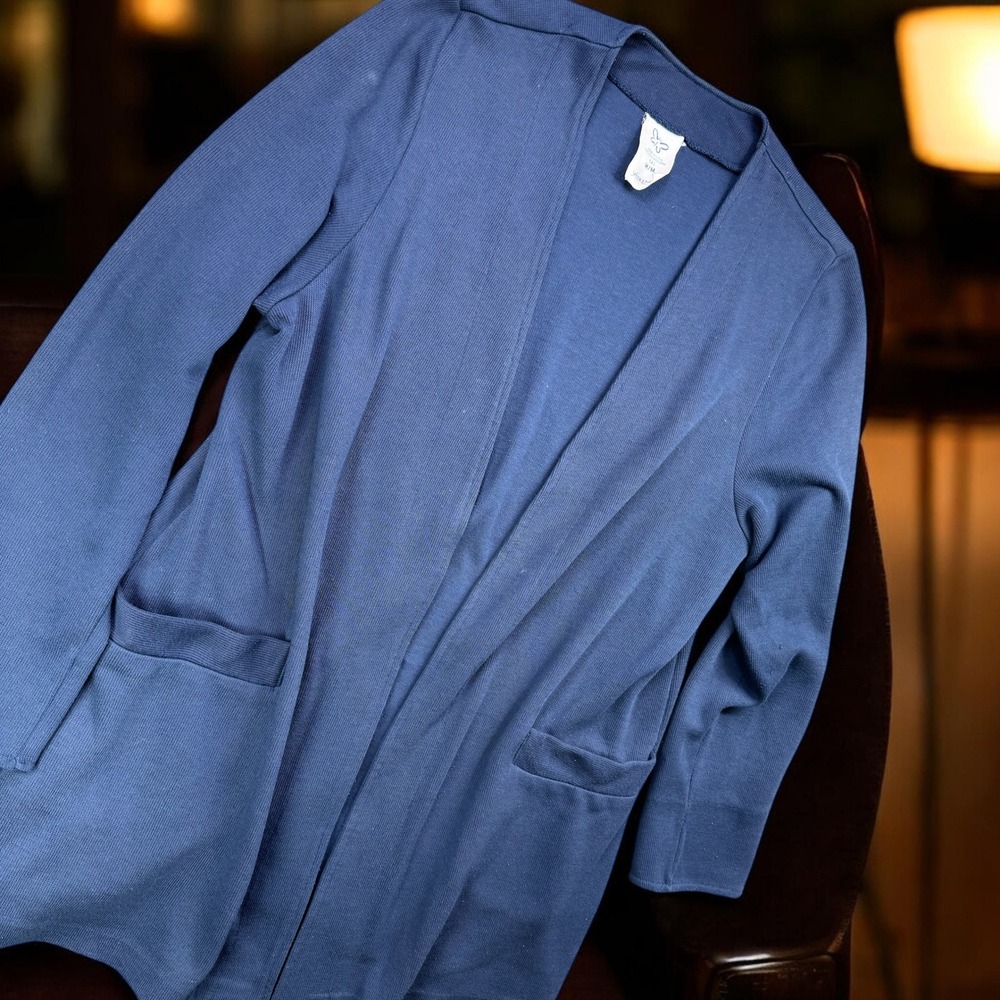 Vintage Weekenders Cardigan Women M Blue Open Front Knit Jacket Pockets